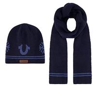 True Religion Women's Beanie Hat Set, Ribbed Long Winter Knit Cap and Scarf with End Stripes, Navy, One Size