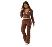 True Religion Women's Big T Crystal Leopard Shrunken Zip Hoodie - Cropped Full-Zip Sweatshirt, Leopard, Medium