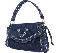 True Religion Women's Horseshoe Eyelet Flap Bag, Crossbody Shoulder Handbag with Logo and Stud Details, Dark Denim