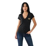 True Religion Women's Horseshoe Logo V-Neck Allover Crystal Tee, Jet Black, L