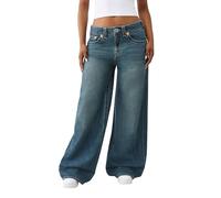 True Religion Women's Jessie Super Baggy Jeans - Embroidered Logo & Oversized Fit Denim, Ocean Voyage, 23