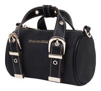 True Religion Women's Metal Plaque Crossbody Bag, Quilted Shoulder Purse with Gold Logo and Adjustable Handbag, Black