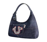 True Religion Women's Retro Hobo Bag, Oversized Horseshoe Logo Shoulder Purse with Patchwork Style, Dark Denim