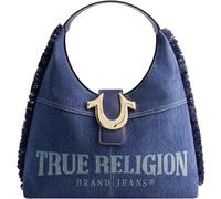 True Religion Women's Shoulder Bag Purse, Frayed Denim Medium Hobo Handbag with Horseshoe Logo
