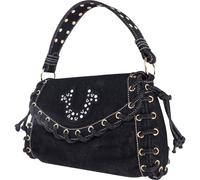 True Religion Women's Studded Horseshoe Eyelet Denim Flap Bag, Crossbody Shoulder Handbag, Black