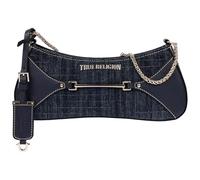 True Religion Zip Top Denim Crossbody Bag for Women | Crescent Shaped Hobo with Branded Luggage Tag | Detachable Chain Strap and Zipper