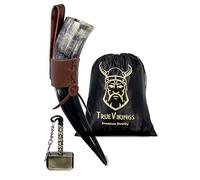 TRUE VIKING Drinking Horn 10-12oz - Gifts for Men, Dad, Husband - Unique Viking Gift - Handmade Real OxHorn Cup with Thor Bottle Opener - for Beer, Ale, Mead (Horn with Holster)