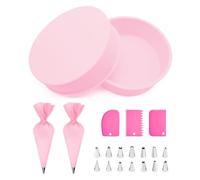 TRUEIN 2 Pcs Silicone Cake Tins, 8 inch Pans with 21 Pcs Piping Kit, Non-Stick Baking Moulds for Rainbows, Cheese and Cream Cakes (Pink)
