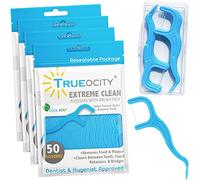 Trueocity Dental Flossers Brush Picks 4 Pack w/Travel Case (200 Total Count), Dental Floss Glides Easy Between Teeth, Flosser Helps Prevent Tooth Decay & Gum Disease, Easy Grip Handle, Mint Flavored