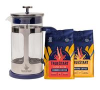 TrueStart Cafetiere & Coffee Set - 1x 1L Blue Cafetiere (8 Cup), 2x Freshly Hand-Roasted Specialty Grade Ground Coffees (Super Blend & Energising Colombian) - Perfect Brewing Bundle Gift Box