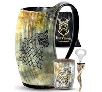 TrueVikings Drinking Horn Mug Set with Shot Glass and Bottle Opener, Authentic Handmade Ox Horn Cup, 16-20 oz, Natural Polished, Viking Gifts for Men (Plain)