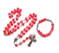 Trufolxiaz Red Acrylic Beads Pendant Rosary Necklace Chain Finger Chain Baptism Christening Women Rosary Necklaces