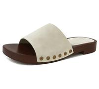 TruFox Women's Clogs Sandal Open Toe Slides Studded Low Heeled with Studs Faux Wooden Sandals Shoes, Beige, 4 UK