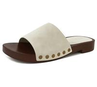 TruFox Women's Clogs Sandal Open Toe Slides Studded Low Heeled with Studs Faux Wooden Sandals Shoes, Beige, 5 UK