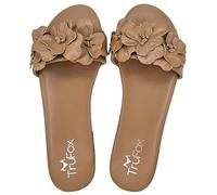 TruFox Women's Flower Flat Sandals Dressy Open Toe Sandals Comfortable Slip On Summer Slide Sandals, Tan, 2.5 UK