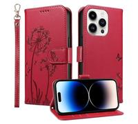 Trugox Wallet Case for Apple iPhone 14 Pro Max Phone Case Leather Dandelion with Credit Card Holder Purse Kickstand Folio Book Folding Flip Case Cover Women Shockproof - Red