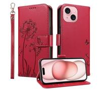 Trugox Wallet Case for Apple iPhone 15 Phone Case Leather Dandelion with Credit Card Holder Purse Kickstand Folio Book Folding Flip Case Cover Women Shockproof - Red
