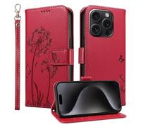 Trugox Wallet Case for Apple iPhone 15 Pro Phone Case Leather Dandelion with Credit Card Holder Purse Kickstand Folio Book Folding Flip Case Cover Women Shockproof - Red
