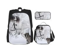 TRUKD Backpack For Student,White Horse Animal Bag For School Boys,Girls Daypack Rucksack,Pencil Case Lunch Bag Combination