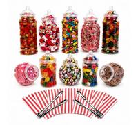 Truly Sweet Candy 10 Assorted Plastic Sweet Jars, 2 tongs, 50 Bags for Parties, Weddings, Candy Buffet (Red)