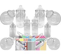 Truly Sweet Candy LARGE 10 MIXED Plastic Sweet Jars, 2 Tongs, 2 Scoops, 100 Bags - Vintage Victorian Pick & Mix Sweet Shop Candy Buffet Kit Party Pack (Blue)