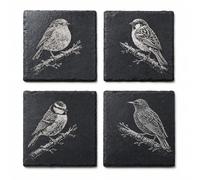 TrulyGiftedStoreUK British Garden Birds Set of 4 Natural Slate Square Coasters - Engraved Stone Drinks Coasters - Robin, Blue Tit, House Sparrow & Starling - Rustic Table Mats for Home & Gift