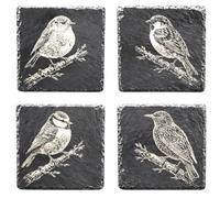 TrulyGiftedStoreUK British Garden Birds Set of 4 Slate Coasters - Engraved Natural Stone Drinks Coasters - Robin, Blue Tit, House Sparrow & Starling - Rustic Square Slate Table Mats for Home & Gift