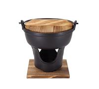 TRUMDAKE 7" Cast Iron Japanese Sukiyaki Pot - Hot Pot, Cheese Fondue, Camping Cooking - Individual or Couple's Size - Nabe Shabu Pot, BBQ, Alcohol Stove, Wooden Lid - Ideal for High-End Restaurants