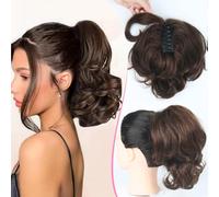 Trumore Ponytail Extension Human Hair 12" Short Brown Claw Clip in Ponytail Extensions Messy Bun HairPiece DIY Bendable Metals Soft Virgin Human Hair Wavy Jaw Clip on Pony Tail for Women 100g #2