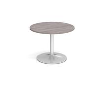 Trumpet base circular boardroom table 1000mm - silver base, grey oak top