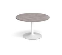 Trumpet base circular boardroom table 1200mm - white base, grey oak top