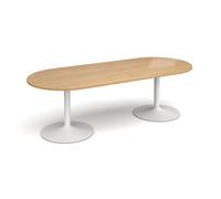 Trumpet base radial end boardroom table 2400mm x 1000mm - white base, oak top