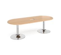 Trumpet base radial end boardroom table 2400mm x 1000mm with central cutout 272mm x 132mm - chrome base, beech top