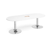 Trumpet base radial end boardroom table 2400mm x 1000mm with central cutout 272mm x 132mm - chrome base, white top