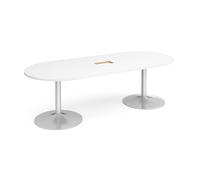 Trumpet base radial end boardroom table 2400mm x 1000mm with central cutout 272mm x 132mm - silver base, white top