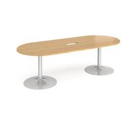 Trumpet base radial end boardroom table 2400mm x 1000mm with central cutout 272mm x 132mm - silver base, oak top