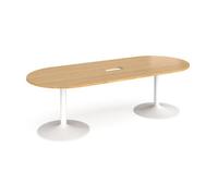 Trumpet base radial end boardroom table 2400mm x 1000mm with central cutout 272mm x 132mm - white base, oak top
