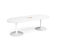 Trumpet base radial end boardroom table 2400mm x 1000mm with central cutout 272mm x 132mm - white base, white top