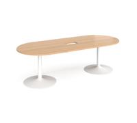 Trumpet base radial end boardroom table 2400mm x 1000mm with central cutout 272mm x 132mm - white base, beech top