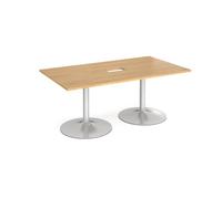 Trumpet base rectangular boardroom table 1800mm x 1000mm with central cutout 272mm x 132mm - silver base, oak top