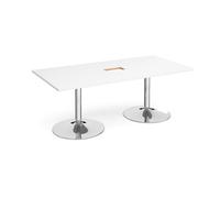 Trumpet base rectangular boardroom table 2000mm x 1000mm with central cutout 272mm x 132mm - chrome base, white top