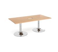 Trumpet base rectangular boardroom table 2000mm x 1000mm with central cutout 272mm x 132mm - chrome base, beech top
