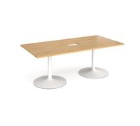 Trumpet base rectangular boardroom table 2000mm x 1000mm with central cutout 272mm x 132mm - white base, oak top