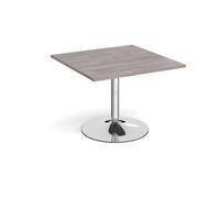 Trumpet base square extension table 1000mm x 1000mm - chrome base, grey oak top