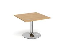 Trumpet base square extension table 1000mm x 1000mm - chrome base, oak top