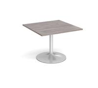 Trumpet base square extension table 1000mm x 1000mm - silver base, grey oak top
