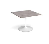 Trumpet base square extension table 1000mm x 1000mm - white base, grey oak top