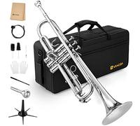 Trumpet, Bb Standard Trumpet Brass Silver Student Trumpet Instrument for School Band Orchestra Beginners Adults with Hard Case, Cleaning Kit, Stand, 7C Mouthpiece, Gloves, Valve Oil, by Vangoa