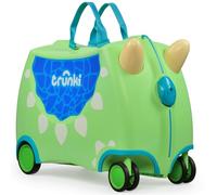 Trunki Ride-On Kids Suitcase with 360° Front Wheels - 17.6 L Hand Luggage Bag, Cabin Luggage with Wheels, Carry-on Approved Lightweight Kids Luggage with Tow Strap - Dudley the Dinosaur, Green