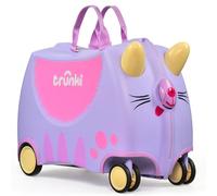 Trunki Ride-On Kids Suitcase with 360° Front Wheels - 17.6 L Hand Luggage Bag, Cabin Luggage with Wheels, Carry-on Approved Lightweight Kids Luggage with Tow Strap - Cassie the Cat, Purple